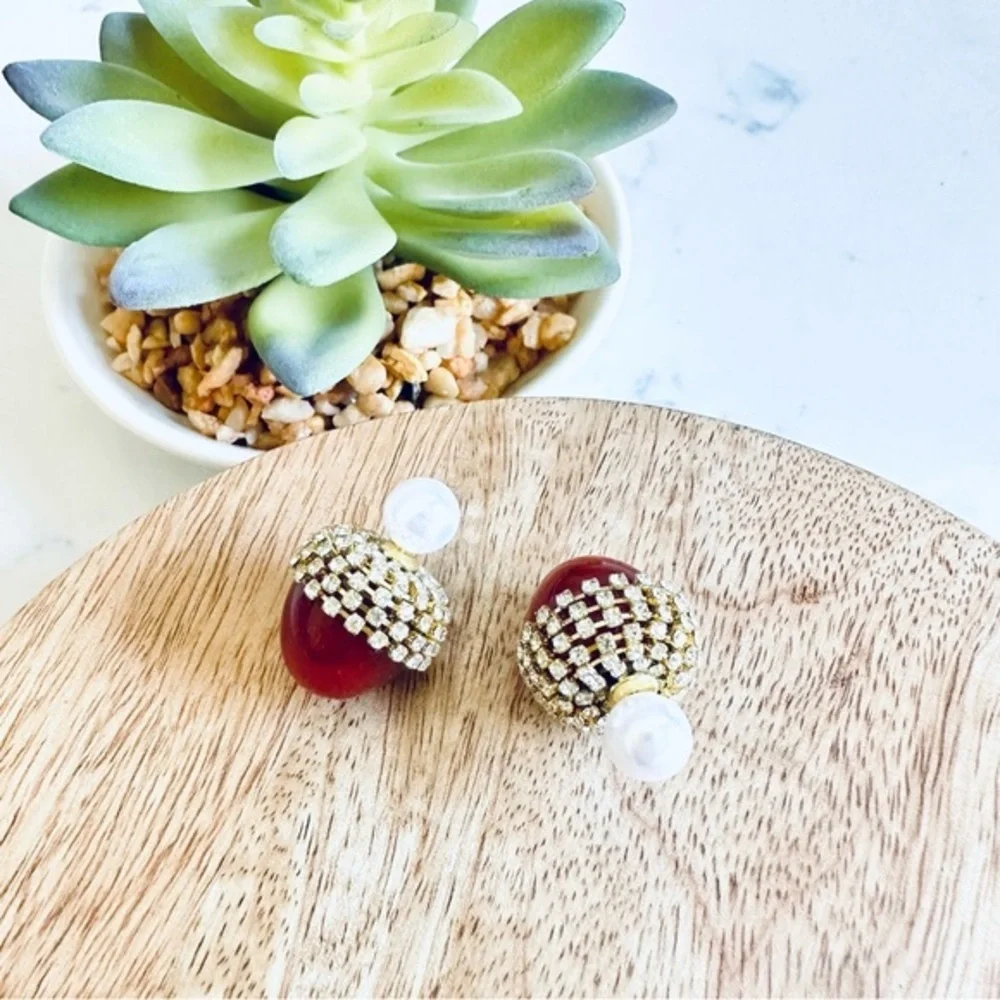 2/$30🌵 Resin Acorn Rhinestone Faux Pearl Double Sided Earrings NEW Fall Autumn